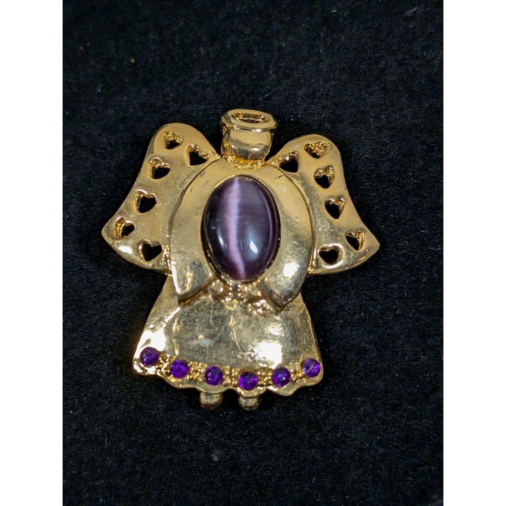 Vintage AAi Christmas Angel Brooch Purple Glass Cats Eye Cabochon Birthstone